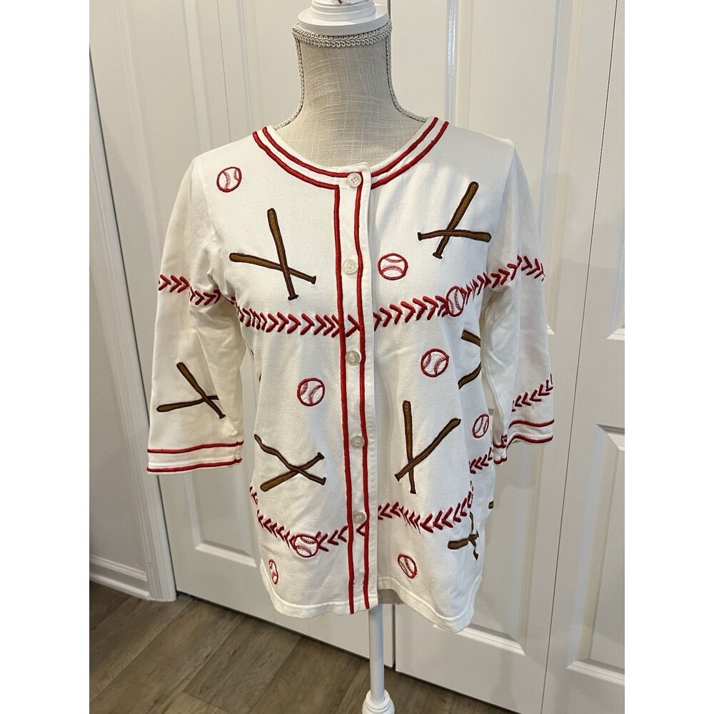 Michael Simon Baseball Motif Button-Up Cardigan Sweater White 3/4 Sleeve Women S